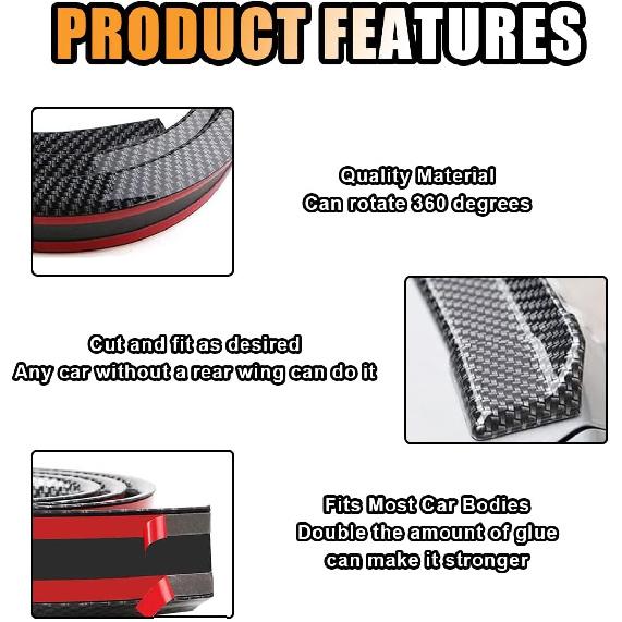 Kit Spoiler Posteriore Tetto Auto, Spoiler Tronco in Gomma 3D Fibra di Carbonio Striscia Decorativa, Decorazione Auto Cool Universale Senza Foratura Accessorio Esterno Veicolo