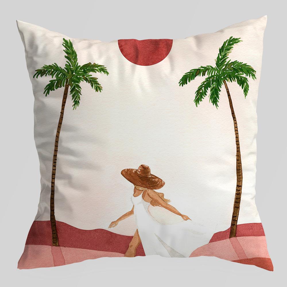 New Romantic Summer Women Portrait Abstract Pillow Cushion Cover Tropical Green Plants Sunny Beach Print Sofa Seat Throw Pillows