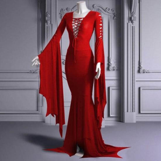 Women Long Dress V-Neck Flared Sleeves Solid Color Irregular Sway Design Lace-Up Gown Robe Halloween Costume