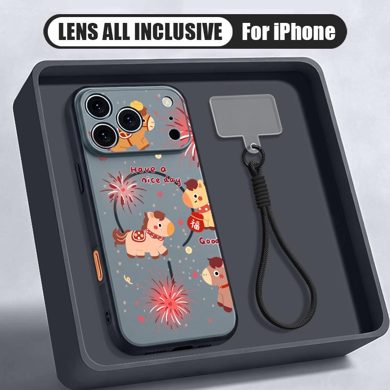 Cartoon Horsey Fireworks Print Hand Strap Case For iPhone 17 Pro Max iPhone 16 15 14 13 Pro Max Magnetic For Magsafe Hybrid TPU+PC Matte Cover