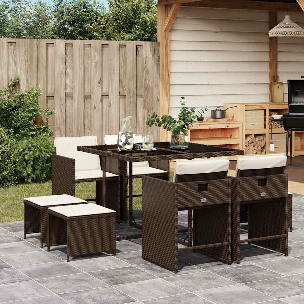 Vidaxl 9-Cz. Garden Furniture Set With Cushions, Brown, PE Rattan