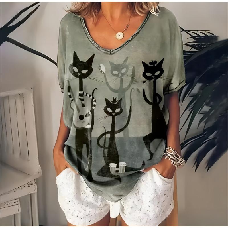 Oversized Plus Size Tee for Women: 3D Adorable Cat V-Neck, Summer Fashion Streetwear, Breathable Casual