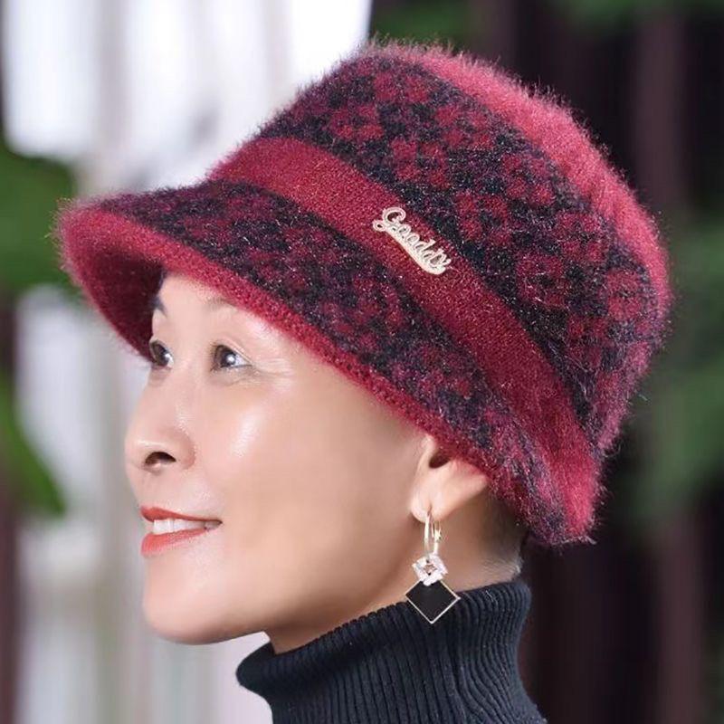 Mom's Winter Fleece-Lined Knitted Basin Hat for Elderly Women