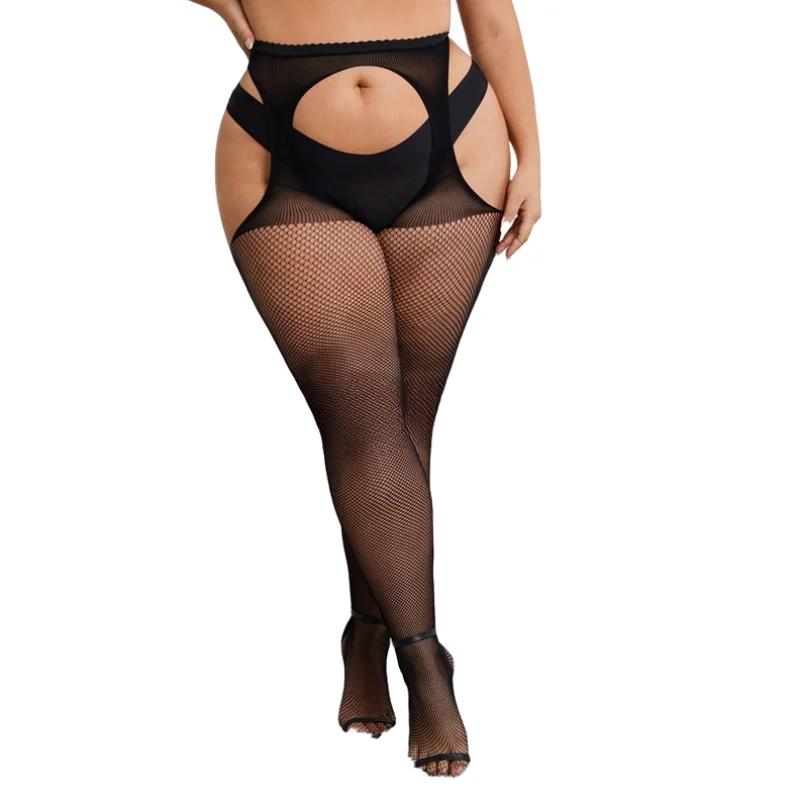 Punčochové punčochové kalhoty větší velikosti Stehenní černé Sexy krajka XXXXXL Oversize spodní prádlo Síťované punčochy s podvazkovým pásem pro ženy XXL