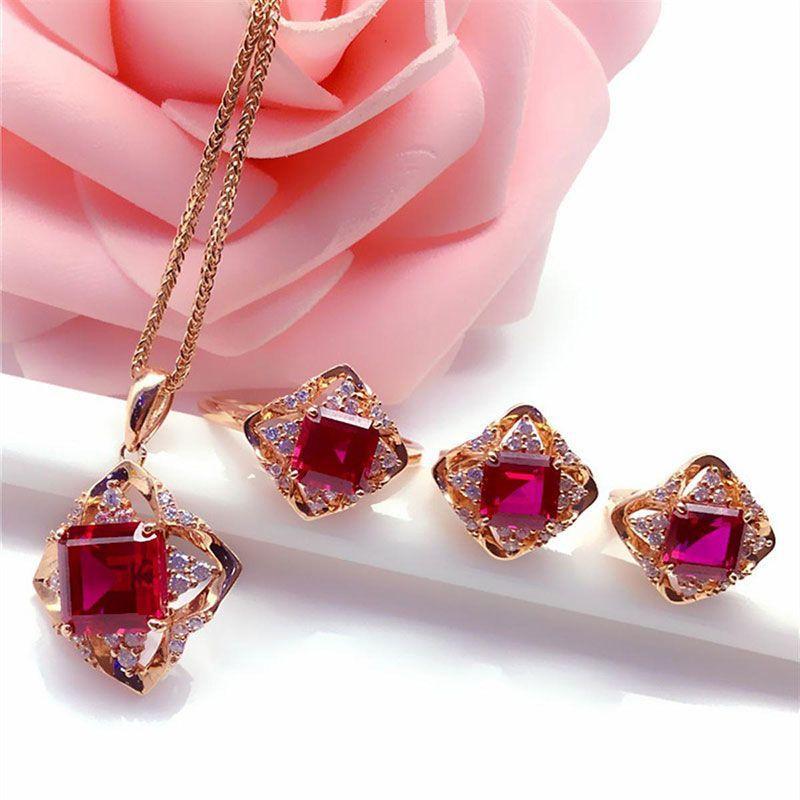 Exquisite Purple Gold-Plated Rose Gold Inlaid Redstone Square Pendant Set Women'S Fashion Temperament Luxury Noble Necklace