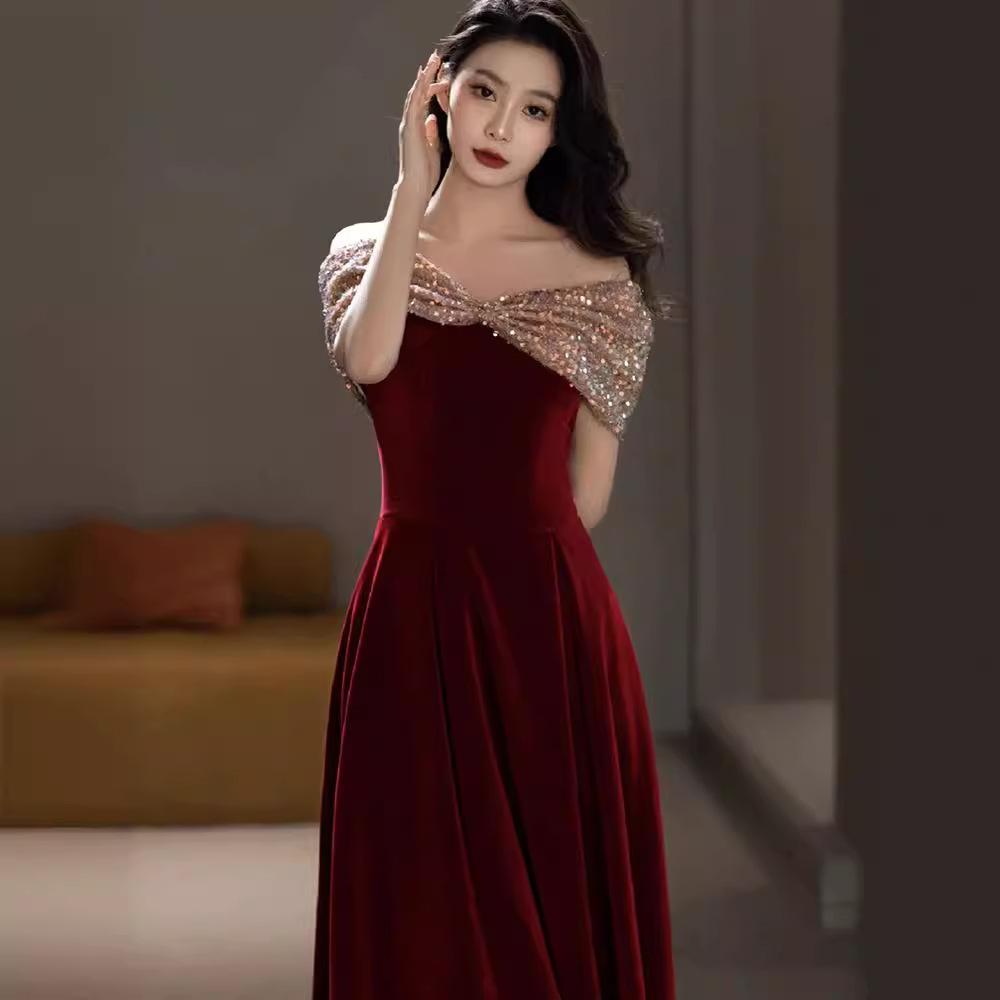 Toast Bridal burgundy shoulder tube top Evening dress Women's wedding return French engagement dress Long