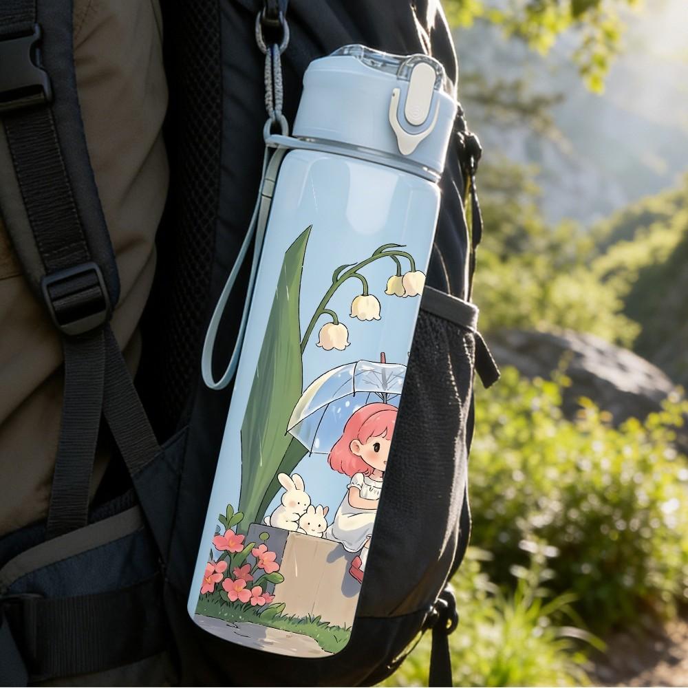 1PC Little Girl Garden Flower Scene Print 750ml Color Plastic Sports Water Bottle Leakproof Flip Straw Lid Suitable for Sports Office Home Use