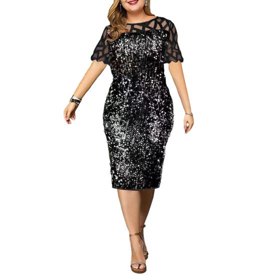 Attractive Formal Dress Round Neck Hollow Out Elegant Hip Wrap Mid-Calf Dress for Party