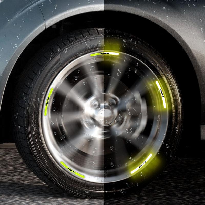 Car Wheel Hub Reflective Stickers Tire Rim Luminous Accessories For Skoda Octavia Superb Rapid Kodiaq Karoq Fabia Kamiq Roomster Citigo