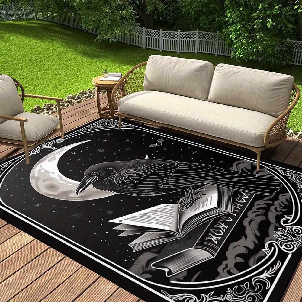 Gothic Raven and Moon Design Area Rug Polyester Non-Slip Mat | Black & White Celestial Motifs | Ideal for Living Room, Be