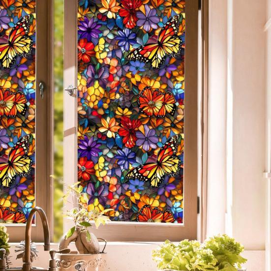 Glas-in-lood Statische Raamfolie Vintage Bloem Privacybescherming Zonwerende Glasfolie Waterdichte PVC Raambekledingsfolie