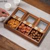 Solid Wood Storage Box Glass Lid Jewelry Boxes 3 Grids Snack Plate Dried Fruit Box Candy Boxes Jewelry Organizer Snack Trays