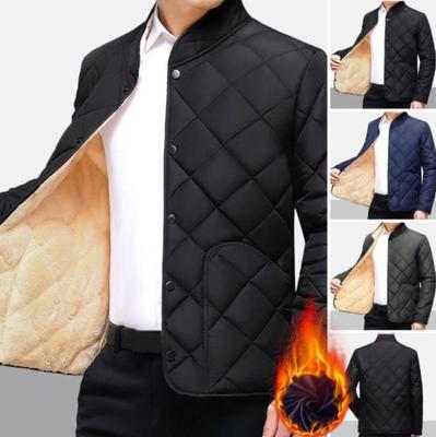 Men Winter Fall Coat Thick Padded Stand Collar Neck Protection Warm Long Sleeve Pure Color Plus Size Soft Single Breasted Pockets Cardigan