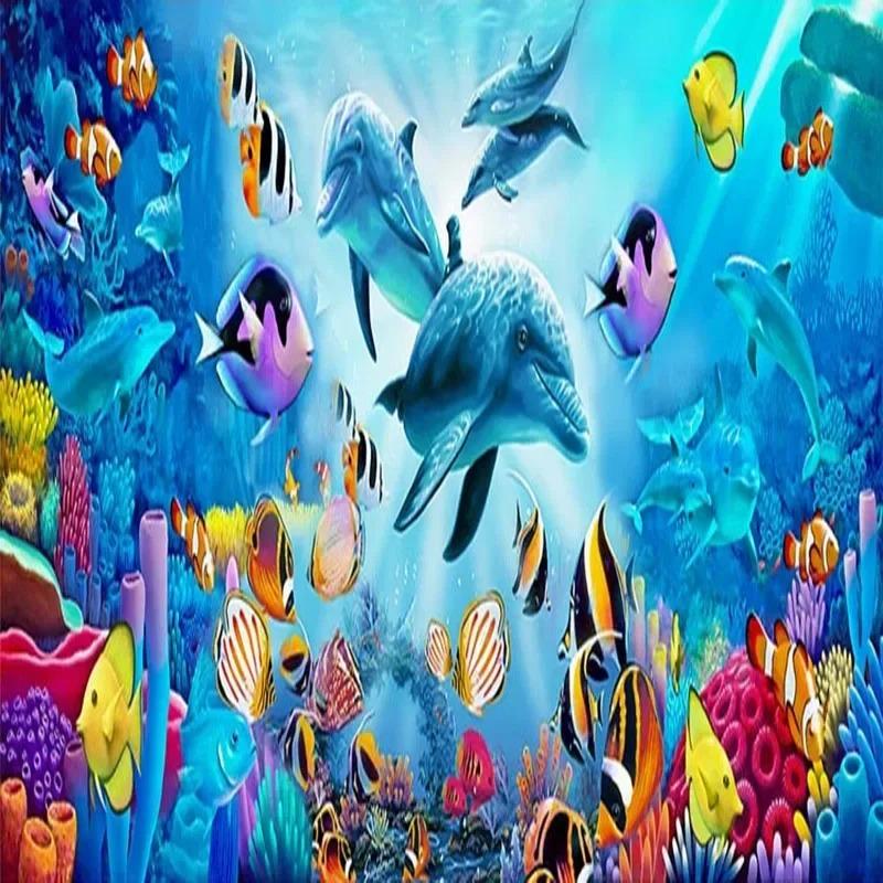 Papel de Parede Desenho Animado 3D Golfinho Peixe Mural de Parede Sala de Estar Quarto Papéis de Parede Decoração de Casa