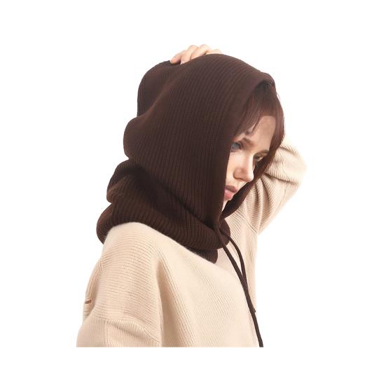 Knitting Hat Scarf Combo Solid Color Adjustable Drawstring Hooded Neck Scarf Women Winter Warm Windproof Elastic Thermal Hat