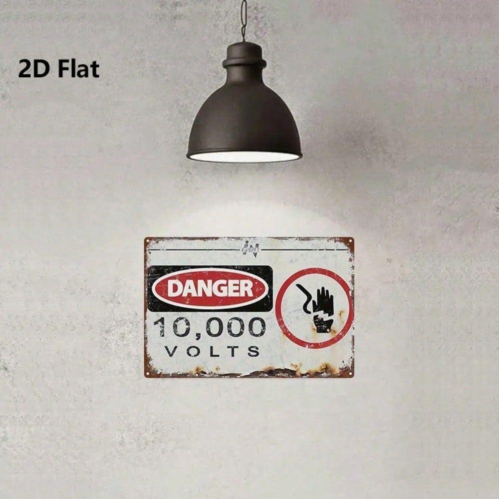 Vintage Danger 10000 Volts Metal Sign 8x12 Inch, Retro 2D Flat Iron Wall Plaque, High Voltage Warning Decor for Office Yard