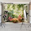 2D Serene Garden Window Backdrop Soft Light & Colorful Flowers Banner