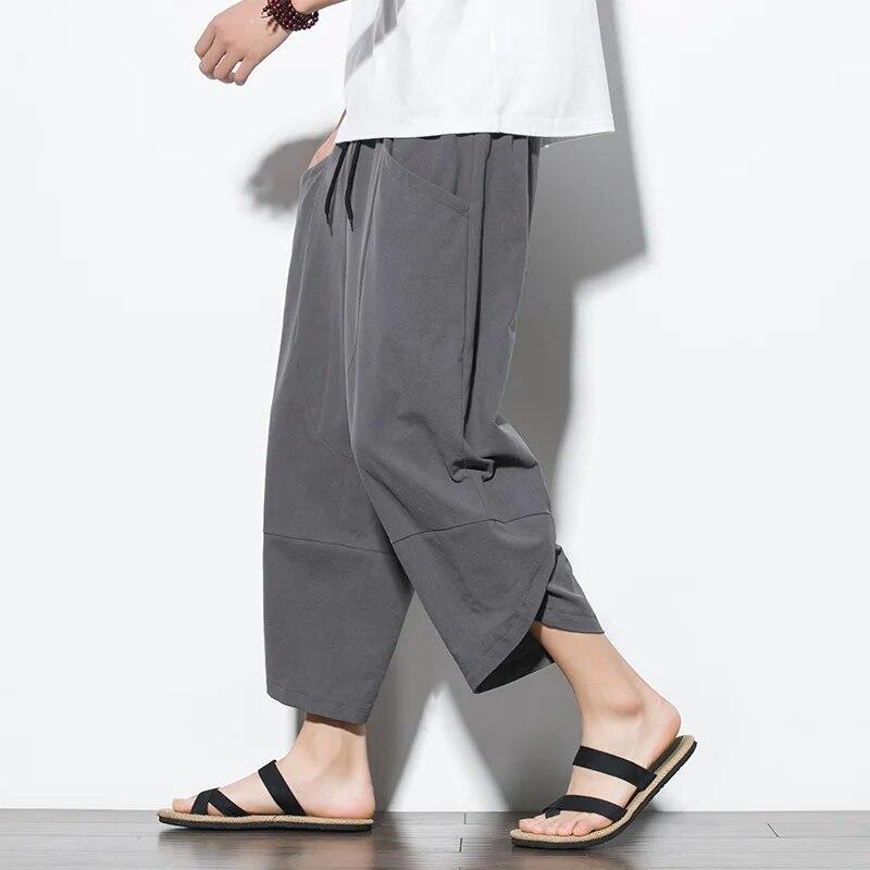 Baggy Loose Large Pocket Linen Pants for Men Oversize Cropped Harem Casual Trousers Male Streetwear Daily Summer Wear