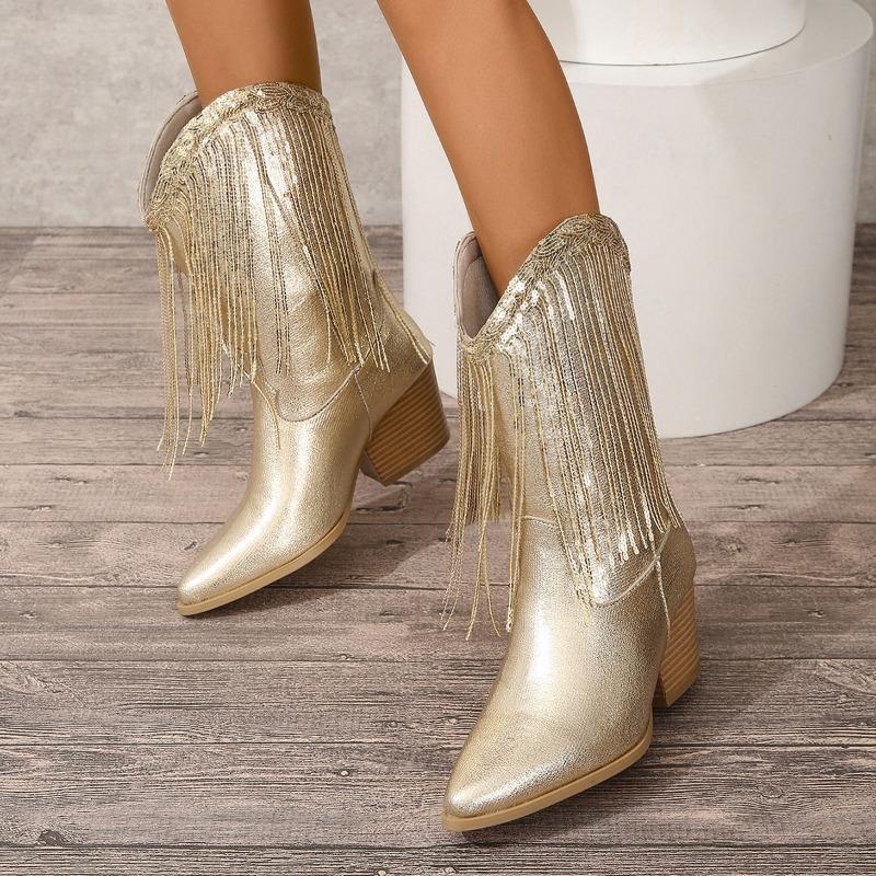 2024 New Classic Women's Vintage Cowgirls Gold Fringed Cowboy Boots for Women Shoes Square Heels Concert Western Boot Female