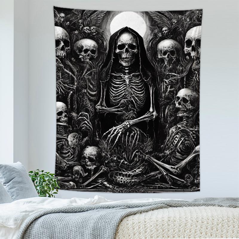 Gothic Skull Wall Tapestry Dark Aesthetic Bone Print Wall Hanging Halloween Themed Bedroom Home Decor