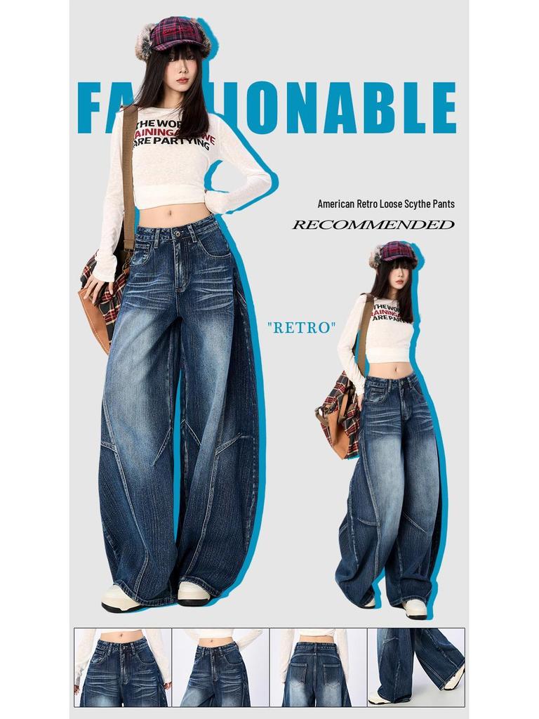 2025 New Retro Blue High Waist Slimming Wide Leg Jeans for Women