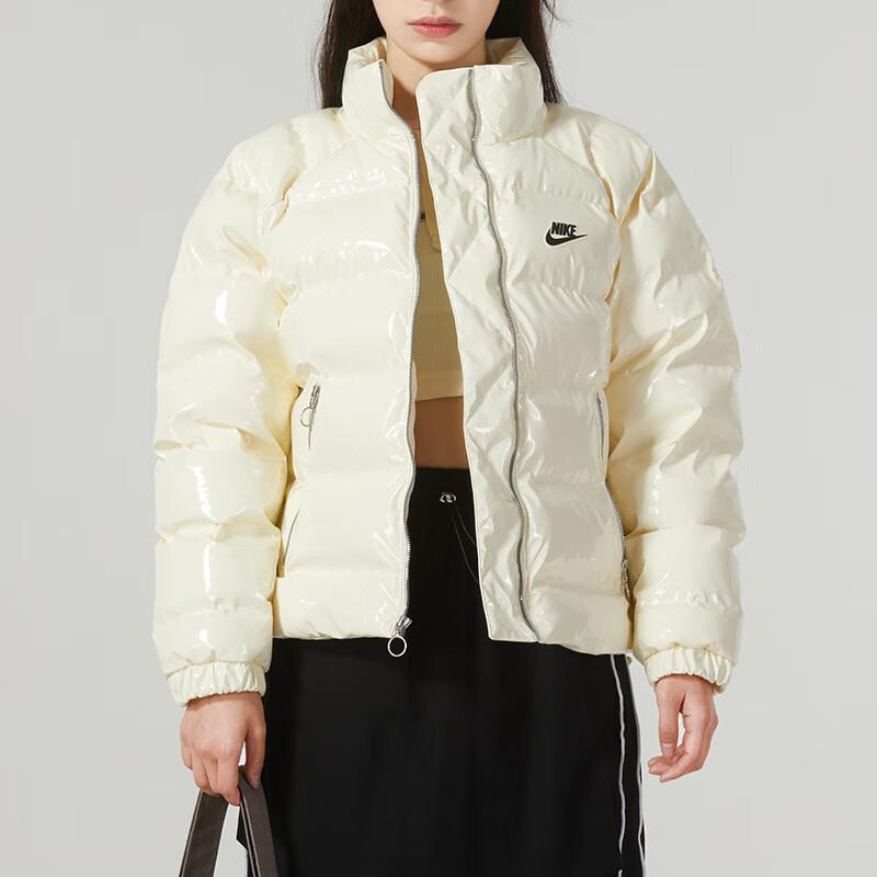 Nike Glossy Cotton Jacket With Stand Collar And Logo Women Jackets White FQ3575-113