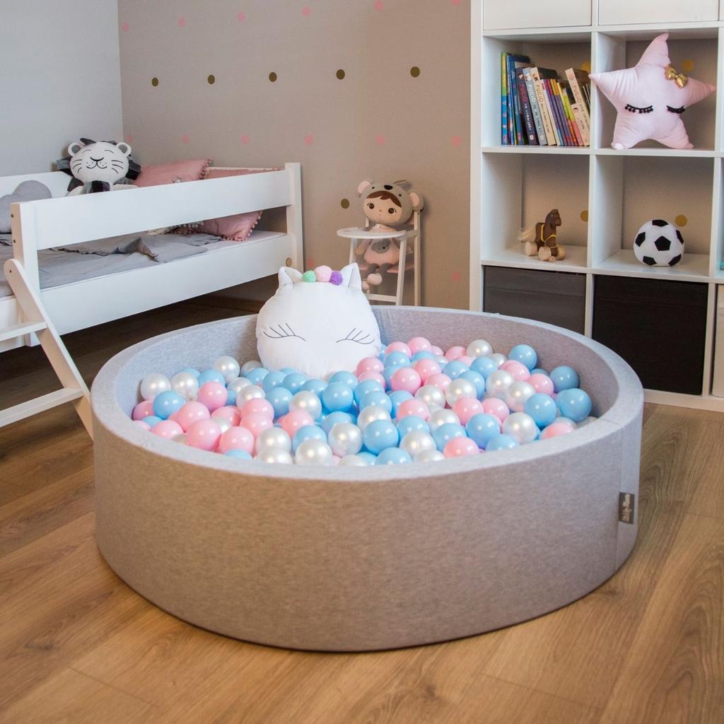 KiddyMoon soft ball pit round 120x30cm/600 balls Balls 7cm / 2.75in for kids, light grey:pearl-grey-transparent-powder pink