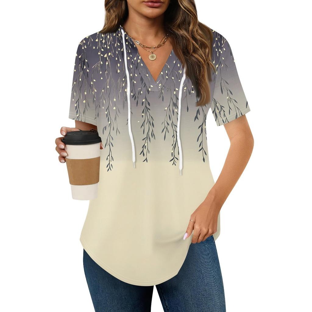 Women's Summer V Neck Tee Shirts Short Sleeve Hoodie Tunic Tops  Casual Loose Tunic Sweatshirts