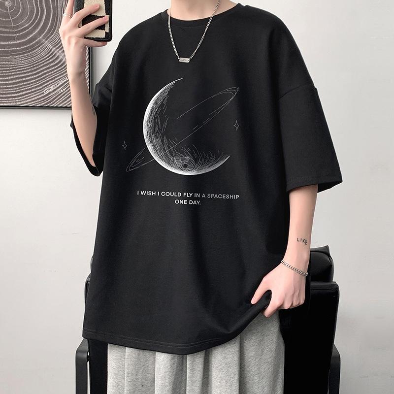 FiveFive herr överdimensionerad T-shirt i bomull Lösa toppar T-shirts för kläder Andas Casual Mönster Kortärmade T-shirts Streetwear