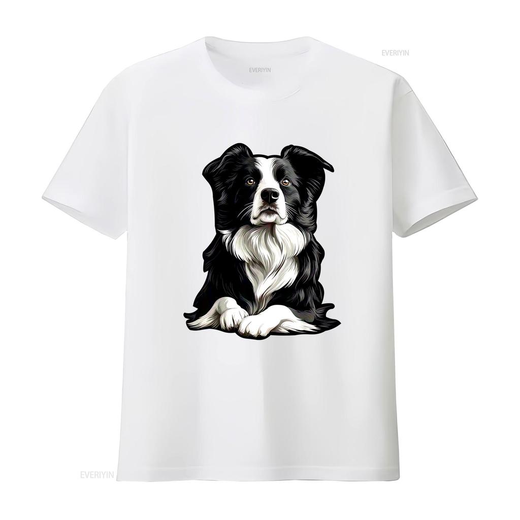 Zwaar 18gsm Border Collie T-shirt Realistische Zittende Hond Print Zwart Casual Ronde Hals Voor Huisdierbezitters Maten S Xxxl Alle