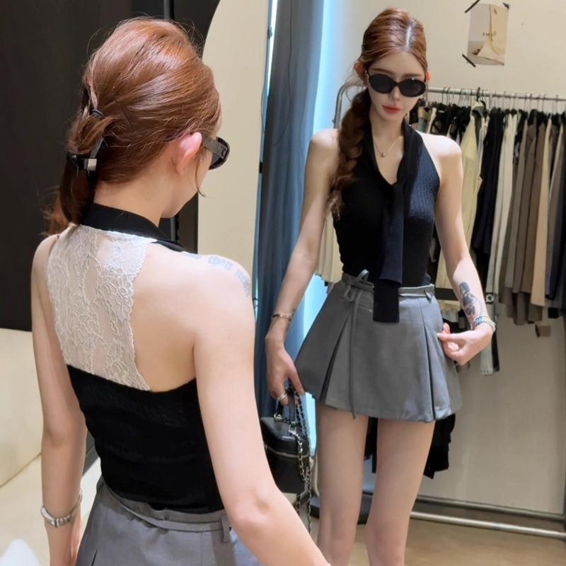 Pure Desire Back Spliced Lace Knitted Vest Women's New Summer Streamer Design Slim Halterneck Top