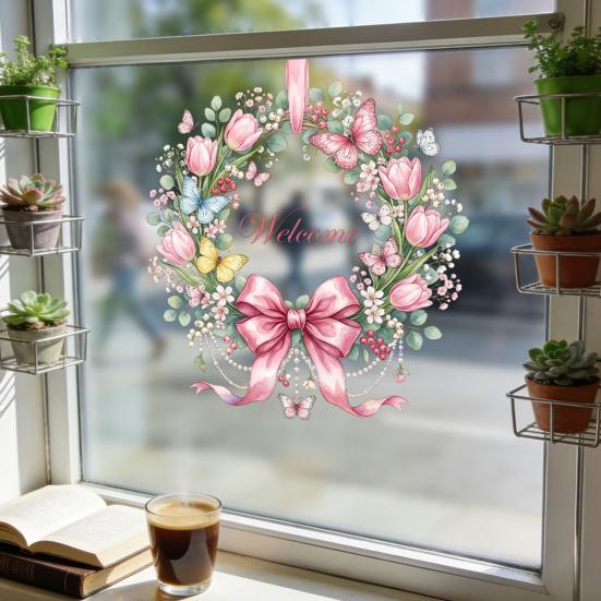 Guirlande de Fleurs de Printemps Autocollant Fenêtre Guirlande Florale Tournesol/Tulipe avec Nœud Autocollant Statique Décalcomanies en Verre Réutilisables pour Maison Salon
