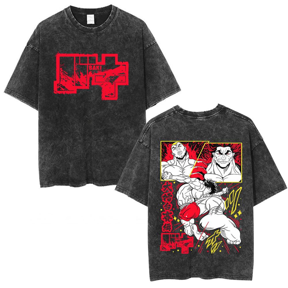 Anime Baki The Grappler Washed Tshirt Hanma Yujiro Gym Short Sleeve Tshirts Men Oversized Cotton Casual Tee Shirts Streetwear