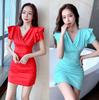 Night Club Clothing, Sexy Temperament and Thin Miniskirt, Hip-wrapped Tight Ruffle Edge Small Flying Sleeve Dress for Women's Summer