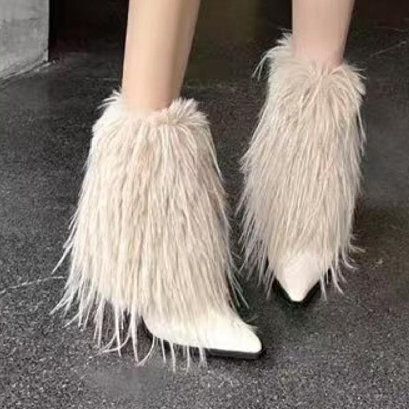 Fur Ankle Boots for Women Pointed Toe Designer Shoes High Heels Winter Boots 2025 Luxury Pumps Dress Sexy Botas Mujer