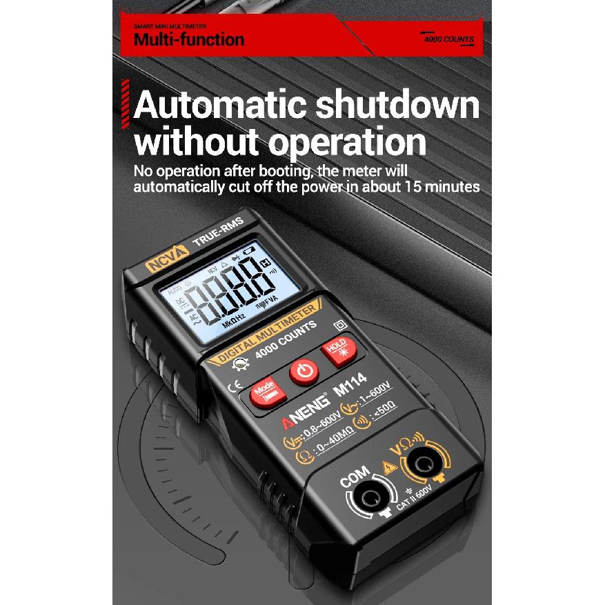 ANENG M114 Smart Multimeter 600V AC/DC Voltmeter 4000 Counts NCV Resistance Tester with Buzzer Data Hold Auto Shutdown