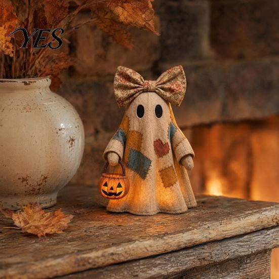 Warm Glow Decoration Light Halloween Lighted Patchwork Ghost Figurine, Light-Up Bow with Pumpkin Vintage Figurine Lantern, Ghosts Lamp for Holiday