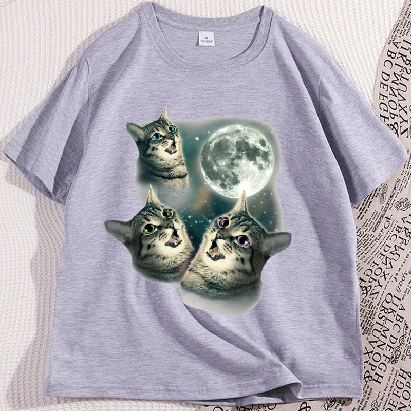 Drei Katzen Mond T-Shirt Mann Baumwolle Kurzarm Lustige Katzen Parodie T-Shirt Wolf Mond Katze Niedliches Kätzchen T-Shirt Herren Kleidung Oberteile