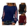 Women T-shirt O-neck Mesh Hollow Puff Long Sleeves Soft Stretchy Tops Shiny Rhinestones Regular Fit Tee Shirt Party Casual Wear