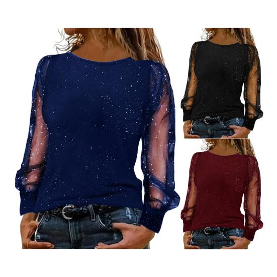 Women T-shirt O-neck Mesh Hollow Puff Long Sleeves Soft Stretchy Tops Shiny Rhinestones Regular Fit Tee Shirt Party Casual Wear