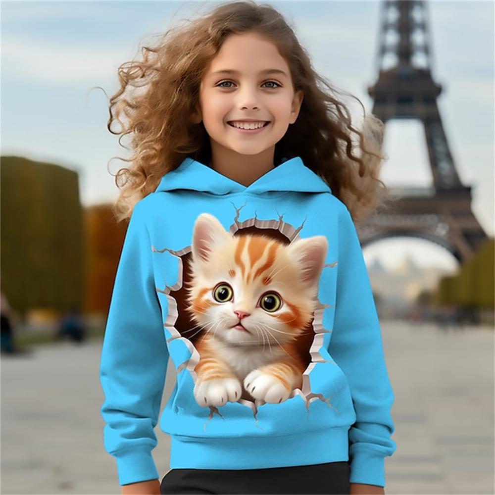 2024 Kids Clothes Cats Hoodies Pullover Outerwear Girl Clothes 2 To 8 Years Spring Fashion 3D Print Children's Full Sleeve Tops