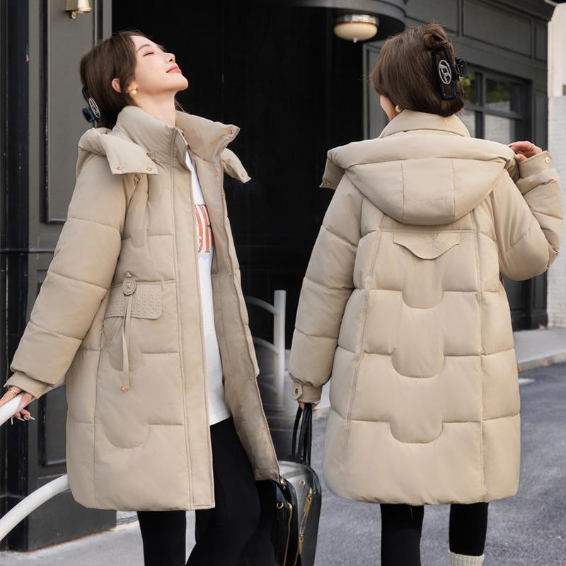 Damesjas voor de herfst en winter, ruim model, losvallend model met opstaande kraag, capuchon, middellang, dik en winddicht, verkrijgbaar in 6 kleuren.