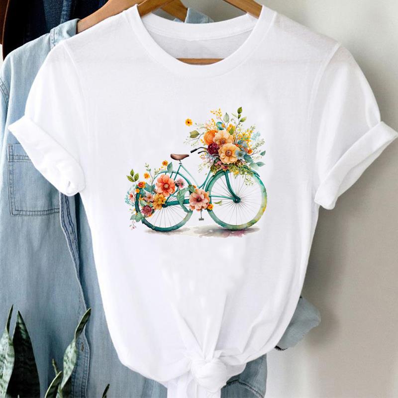 (Asian Size) Short Sleeve Tee Top Fashion Tshirt Women 90s Style Flower Trend Clothing Casual Print Lady Female Graphic T-shirt
