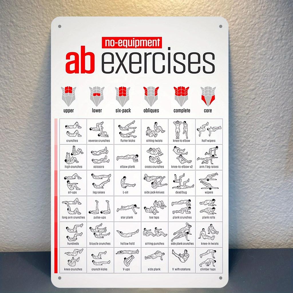 NoEquipment Ab Exercises Chart Metal Tin Sign Gym Workout Guide Wall Decor Plaque