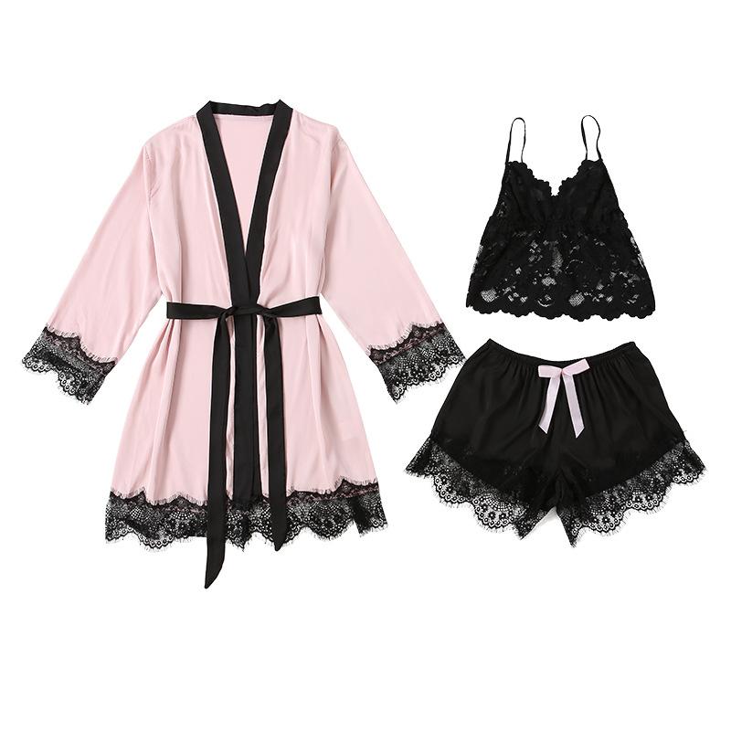 Women's Lace Sheer Deep V Cami Sleepwear with Tie Robe for Summer