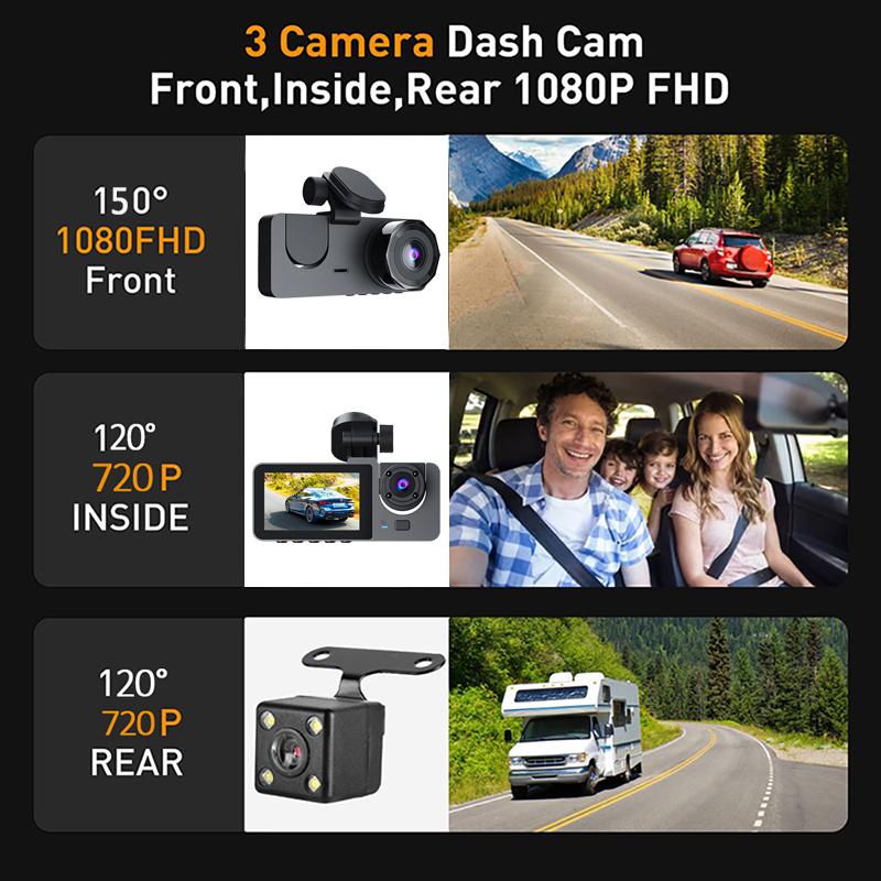 Car DVR 3Channel Dash Cam for Car 1080P Video Recorder WIFI APP Dashcam Front and Rear View Camera Night Vision Car Accessories