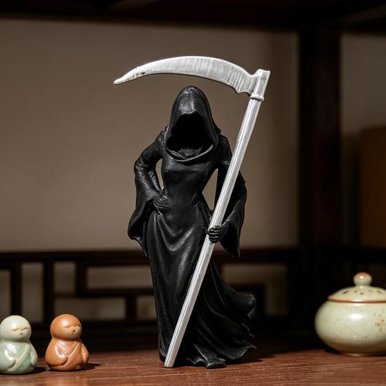 Gothic Female Grim Reaper Statue with Sickle 3D Printed Black Robe Queen Figurine Mysterious Sculpture for Home Office Desk Bookshelf Decor