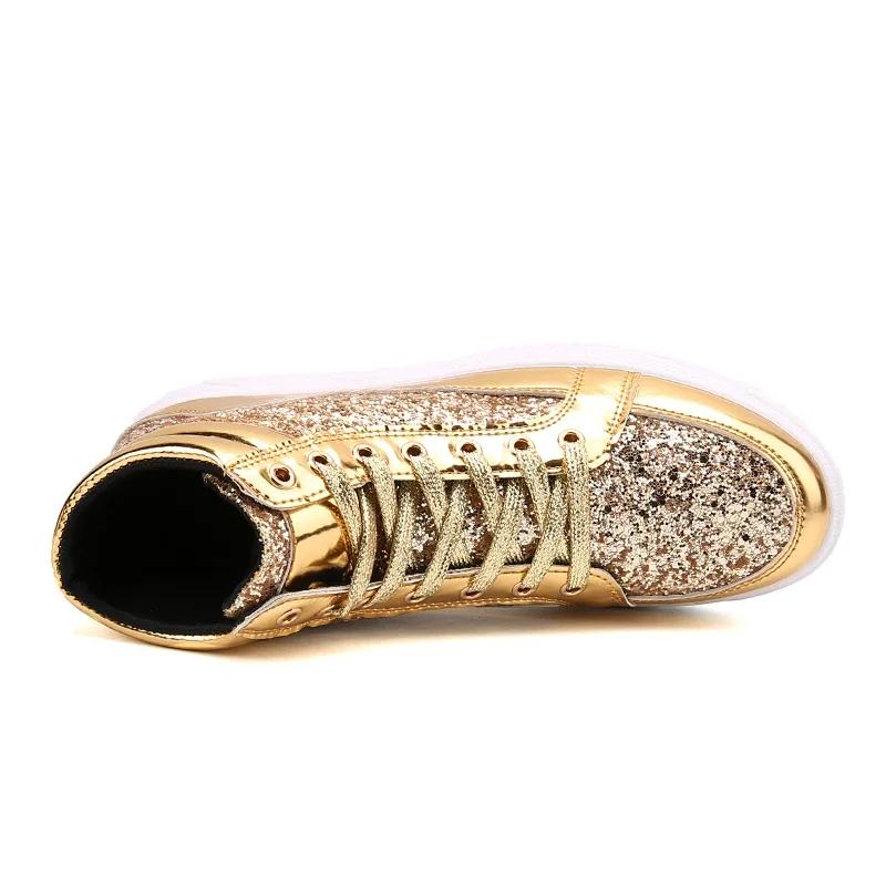 Hot Fashion Golden Shiny Mirrors Mens Shoes Casual Club Bar Glitter Streetwear Hip Hop High Top Men Sneakers Zapatos De Hombre