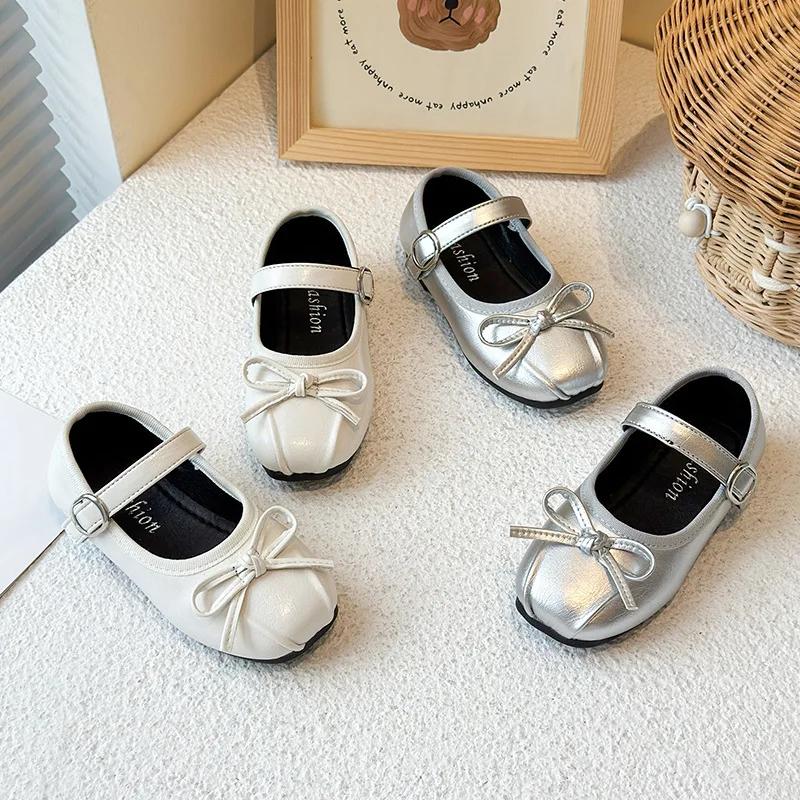 Mädchen Prinzessinnenschuhe Silber Einfache Schleifen Kinder Flache Schuhe Einfarbige Vielseitig Neue Mode Kinder Lederschuhe Weiche Sohle