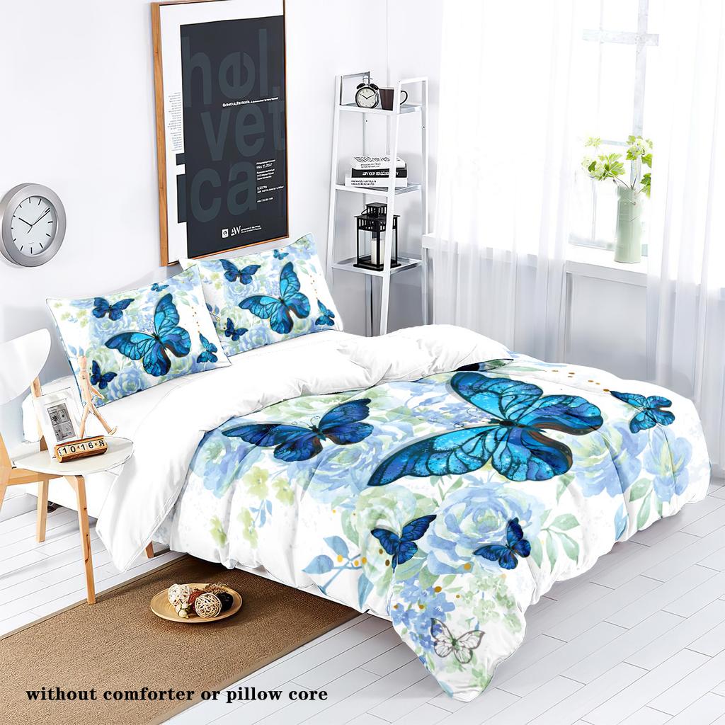 3-piece Down Duvet Cover Set with Blue Butterfly Rose Pattern Print (1 Duvet Cover+2 Pillowcases, No Core) Bedding Set